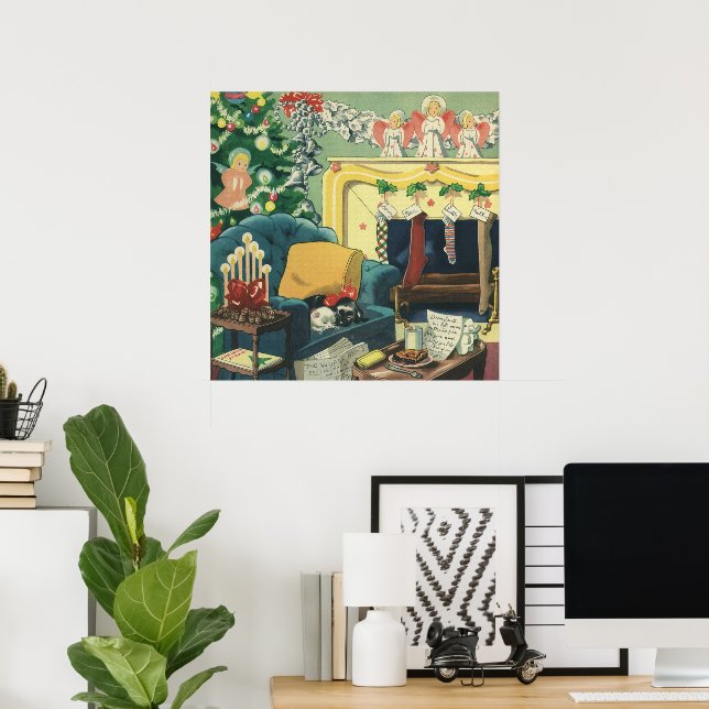 Vintage Christmas Pets in the Living Room Poster (Home Office)