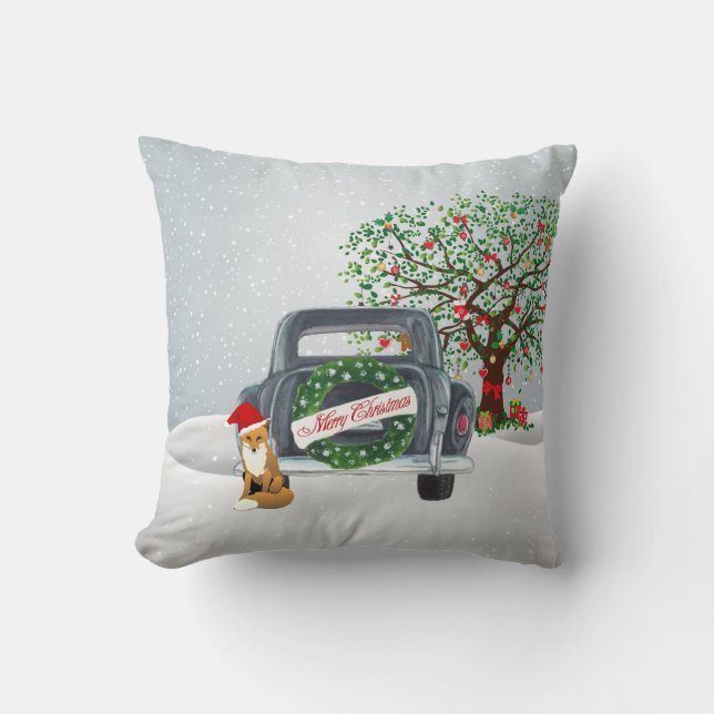 Vintage Christmas Pillow with Tree and Automobile (Front)