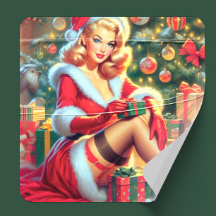 Vintage Christmas Pin Up Square Sticker