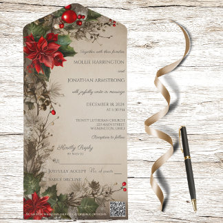 Vintage Christmas Pine & Poinsettia QR Code All In One Invitation