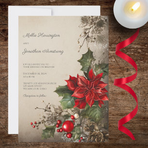 Vintage Christmas Pine & Poinsettias Wedding Invitation
