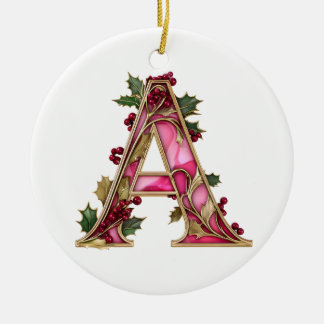 Vintage Christmas Pink Gold Holly Monogram A Ceramic Tree Decoration