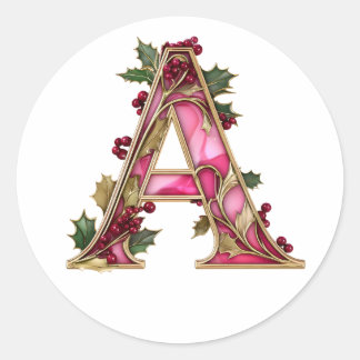 Vintage Christmas Pink Gold Holly Monogram A Classic Round Sticker
