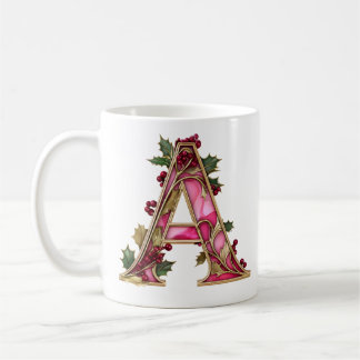 Vintage Christmas Pink Gold Holly Monogram A Coffee Mug