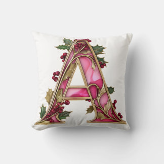 Vintage Christmas Pink Gold Holly Monogram A Cushion