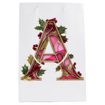 Vintage Christmas Pink Gold Holly Monogram A