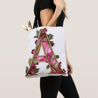 Vintage Christmas Pink Gold Holly Monogram A Tote Bag