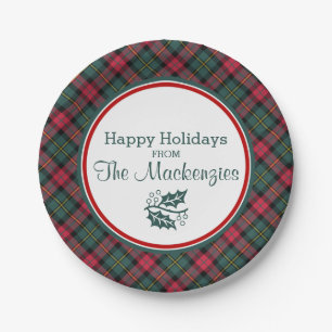 Vintage Christmas Plaid Pattern Personalised Paper Plate