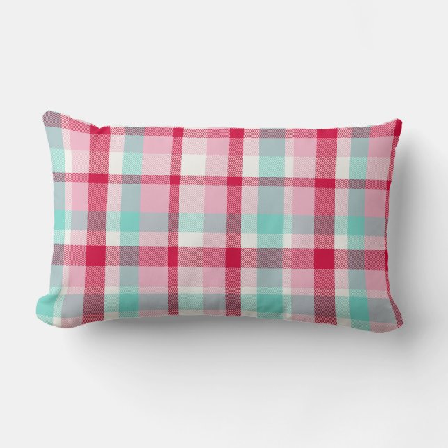 Vintage Christmas Plaid Pink and Green Lumbar Cushion (Front)