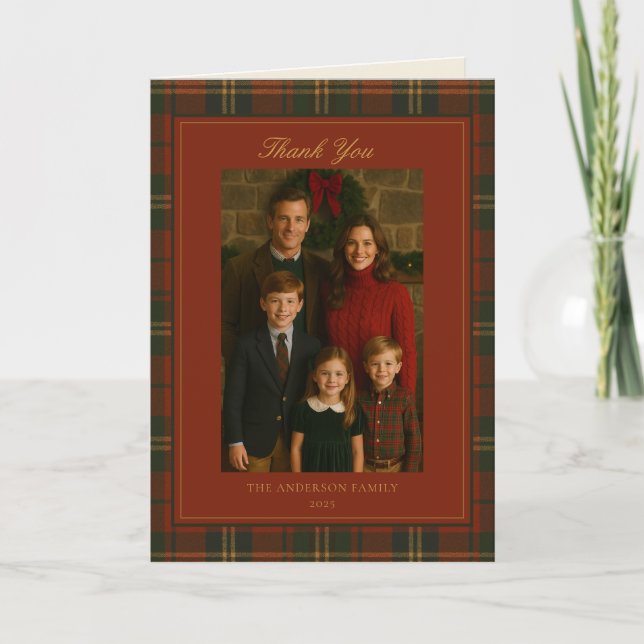 Vintage Christmas Plaid Traditional Family Thank You Card (Front)