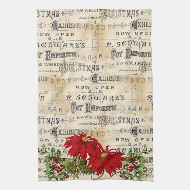 Vintage Christmas Poinsetias Holly Kitchen Towel (Vertical)