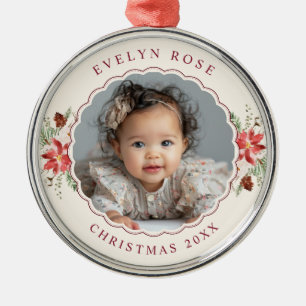 Vintage Christmas Poinsettia Family Photo Metal Tree Decoration
