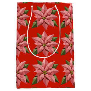 Vintage Christmas Poinsettia Floral Wrapping Paper Medium Gift Bag