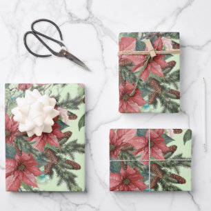 Vintage Christmas Poinsettia Flowers and Pinecones Wrapping Paper Sheet