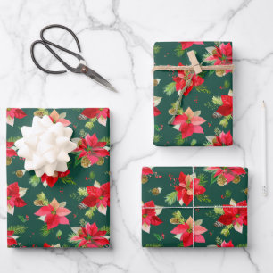 Vintage Christmas Poinsettia Flowers Pattern Xmas Wrapping Paper Sheet