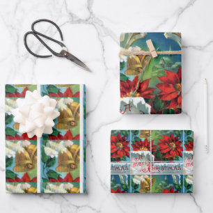 Vintage Christmas Poinsettia Gold Bells  Wrapping Paper Sheet