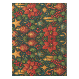 Vintage Christmas – Poinsettia, Holly & Gold Tablecloth