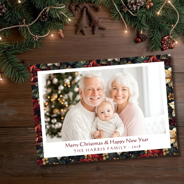 Vintage Christmas Poinsettias Flat Holiday Card (Vintage Christmas Poinsettias Flat Holiday Photo Card)