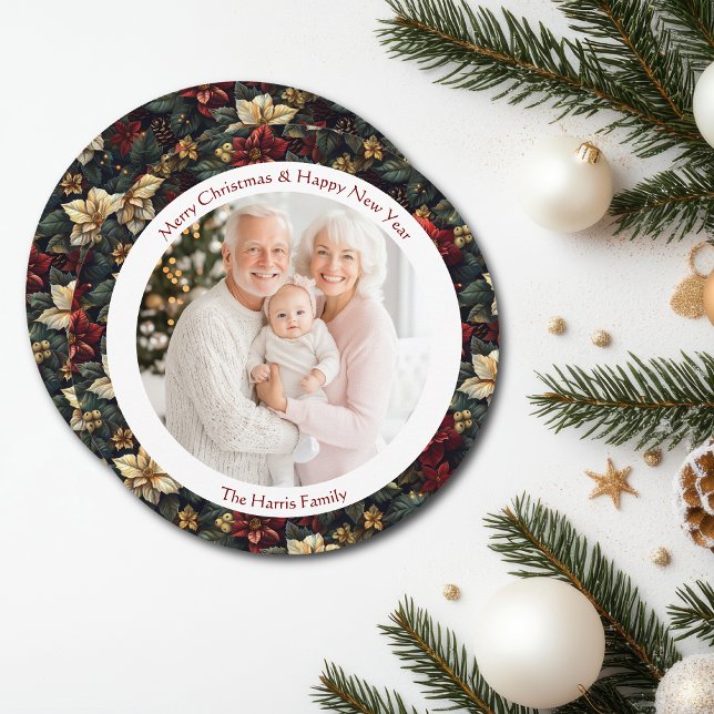 Vintage Christmas Poinsettias Round Chrisma Card (Vintage Christmas Poinsettias Round Christmas Card)