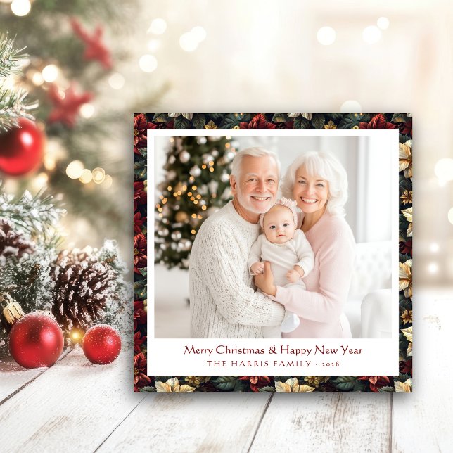 Vintage Christmas Poinsettias Square Flat Card (Creator Uploaded)