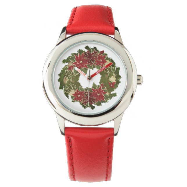 Vintage Christmas Poinsettias Wreath Holiday Watch (Front)