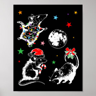 Vintage Christmas Possums Moon Opossum Racoon Xma Poster