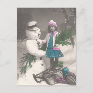 Vintage Christmas post-card girl with snowman Holiday Postcard