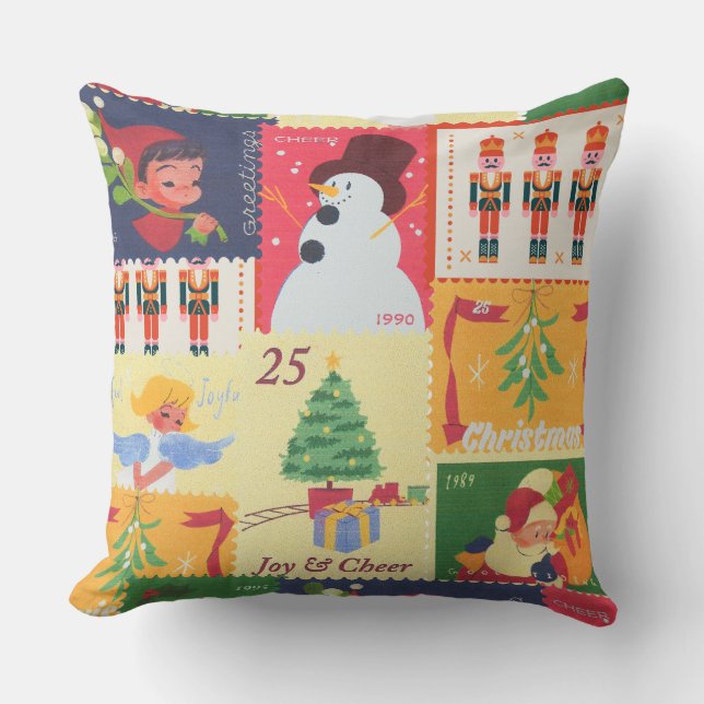 Vintage Christmas post stamps  Cushion (Front)