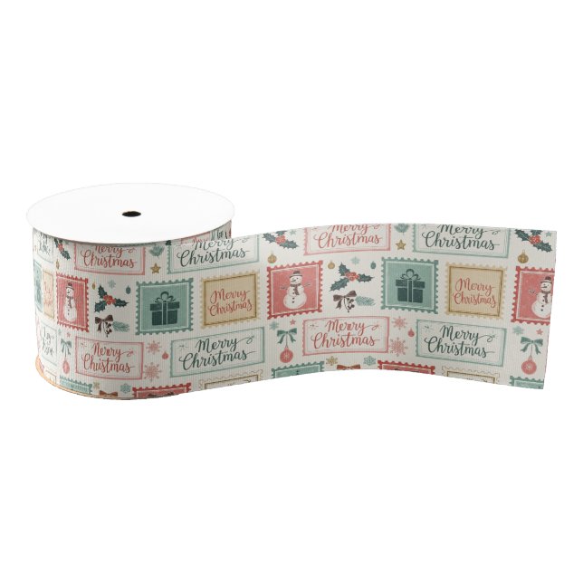 Vintage Christmas Postage Pattern Grosgrain Ribbon (Spool)
