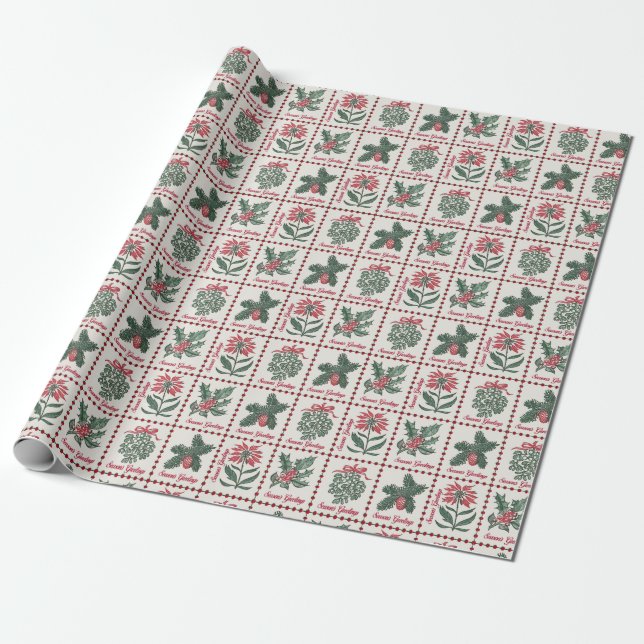 Vintage Christmas Postage Stamps Wrapping Paper (Unrolled)