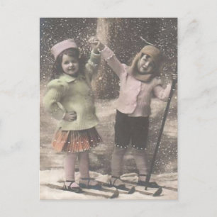Vintage Christmas postcard-children on skis Holiday Postcard