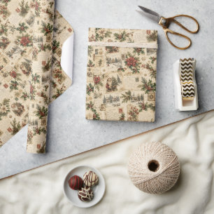 Vintage Christmas Postcard Collage Wrapping Paper