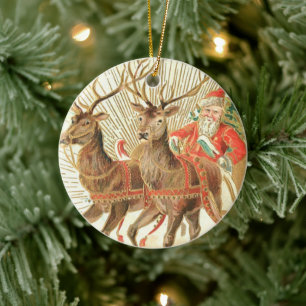 VIntage Christmas Postcard, Santa with Reindeer Ceramic Tree Decoration