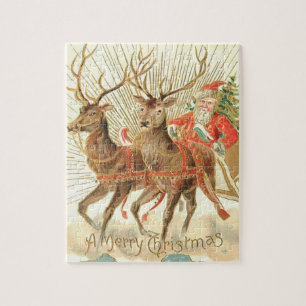 VIntage Christmas Postcard, Santa with Reindeer Jigsaw Puzzle