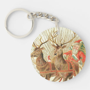 VIntage Christmas Postcard, Santa with Reindeer Key Ring