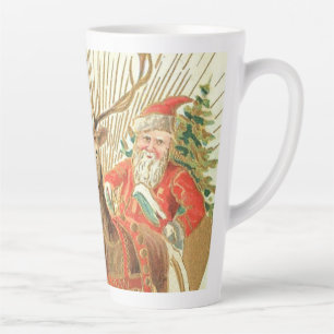 VIntage Christmas Postcard, Santa with Reindeer Latte Mug