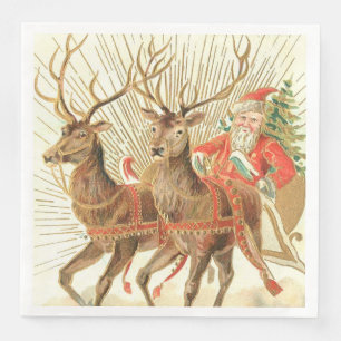 VIntage Christmas Postcard, Santa with Reindeer Napkin