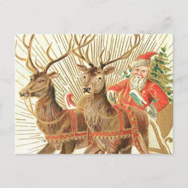 VIntage Christmas Postcard, Santa with Reindeer Postcard (Front)