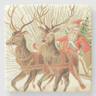 VIntage Christmas Postcard, Santa with Reindeer Stone Coaster