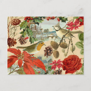 Vintage Christmas postcard w/ birds and red flower