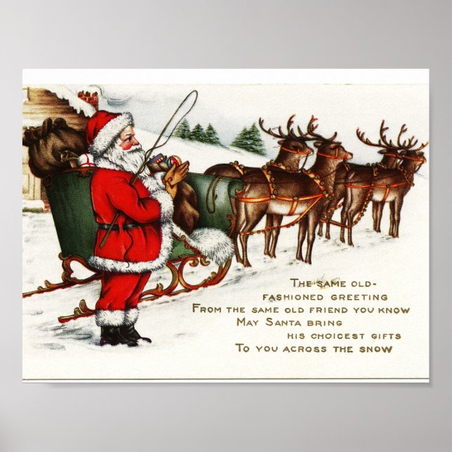 Vintage Christmas Poster -- Santa and Reindeer (Front)