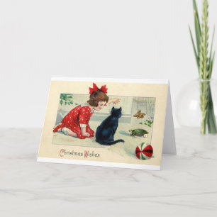 Vintage Christmas Print Girl and Cat Holiday Card
