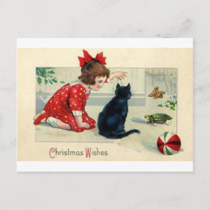 Vintage Christmas Print Girl and Cat Holiday Postcard