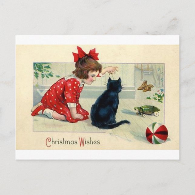 Vintage Christmas Print Girl and Cat Holiday Postcard (Front)