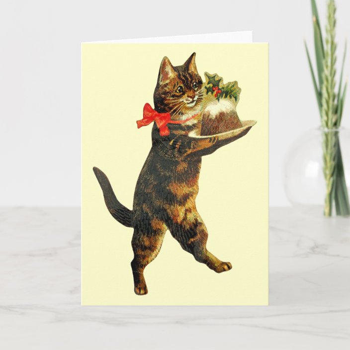 Vintage Christmas Pudding Cat Card Zazzle.co.uk