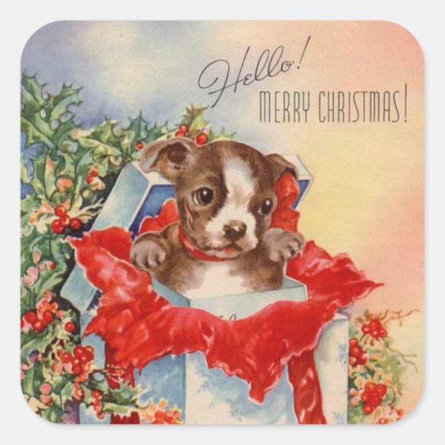 Vintage Christmas Puppy In present Square Sticker (Front)
