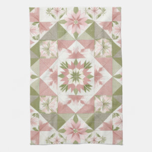 Vintage Christmas Quilt Floral Pattern Tea Towel