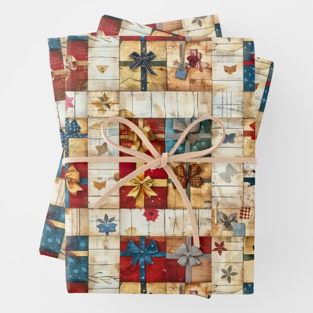 Vintage Christmas Quilt Wrapping Paper Sheet (In situ)