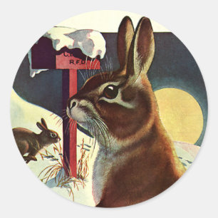 Vintage Christmas, Rabbits in a Winter Snow Meadow Classic Round Sticker