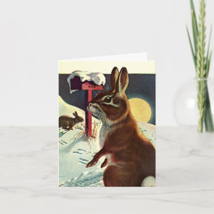 Vintage Christmas, Rabbits in a Winter Snow Meadow Holiday Card